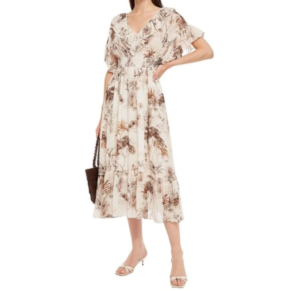 NWT | Sandro Natural Marro Ruffled Printed Gauze Midi | Sz 6 or 38 - Picture 1 of 4